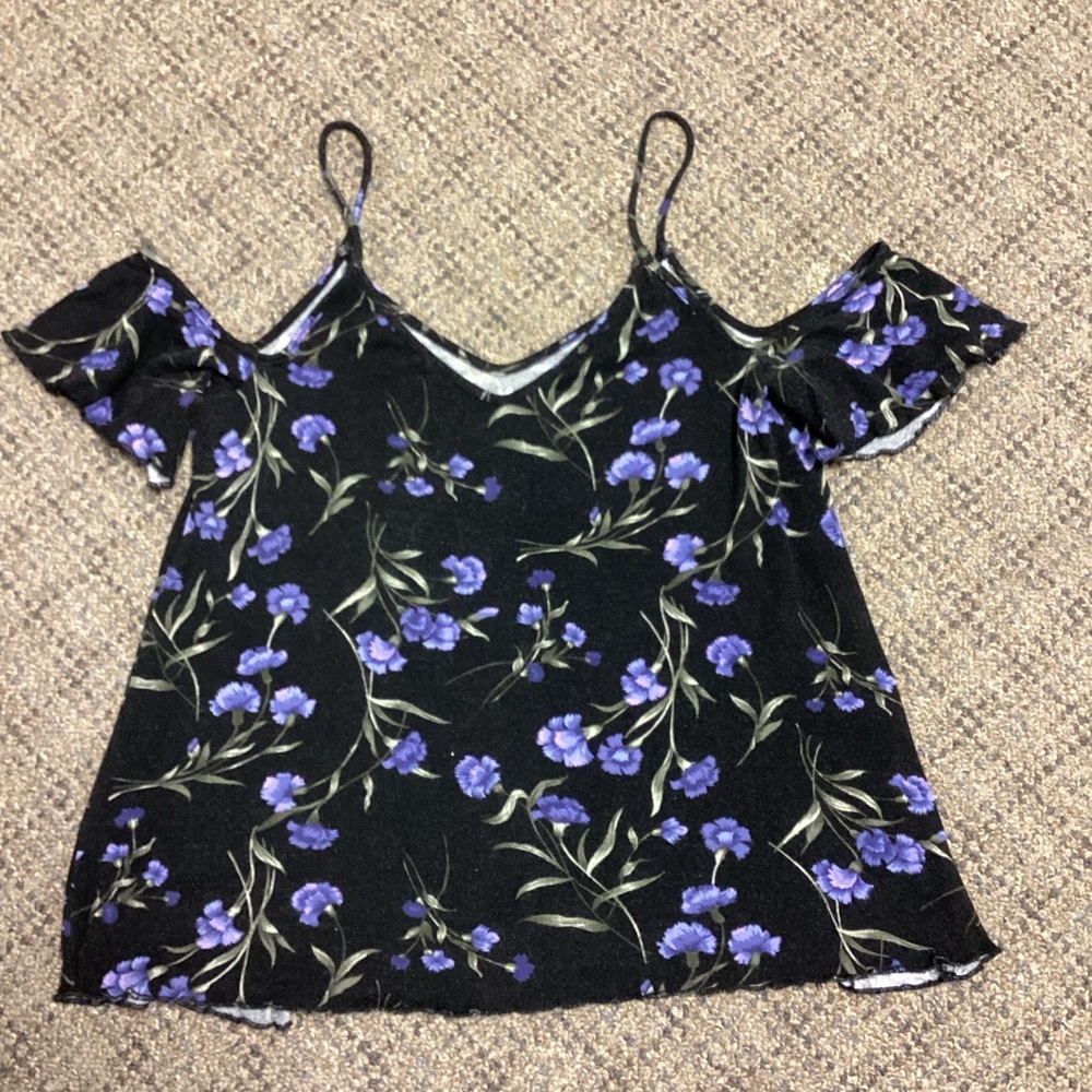 American Eagle Soft Black Purple Floral Off The Shoulder Top * Size Small